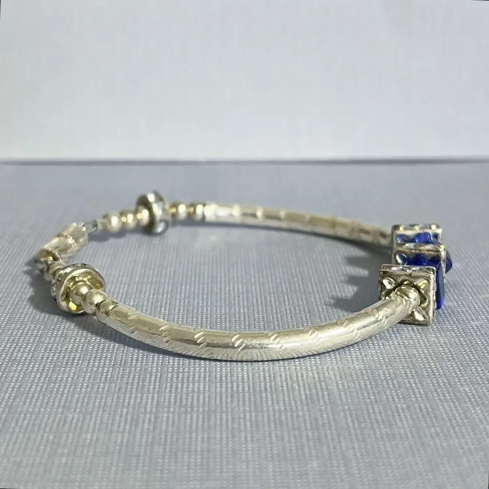 Vintage Bracelet Silver Tone Curved Metal Tube Bead Blue Square Aurora Borealis